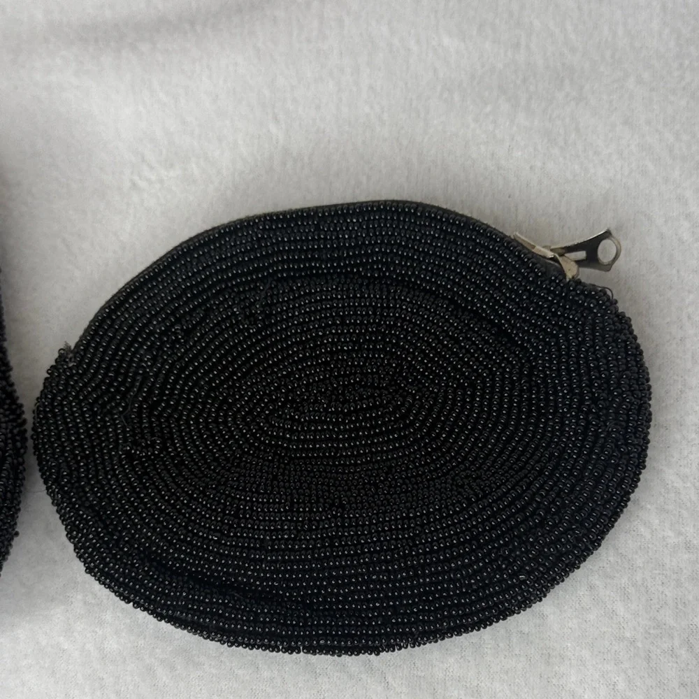 Vintage Black Beaded Kisslock Clutch Handbag and Coin Purse Set Made in Japan